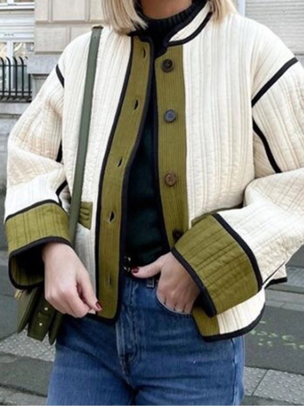 Cream Quilted Bomber Jacket with Olive Trim